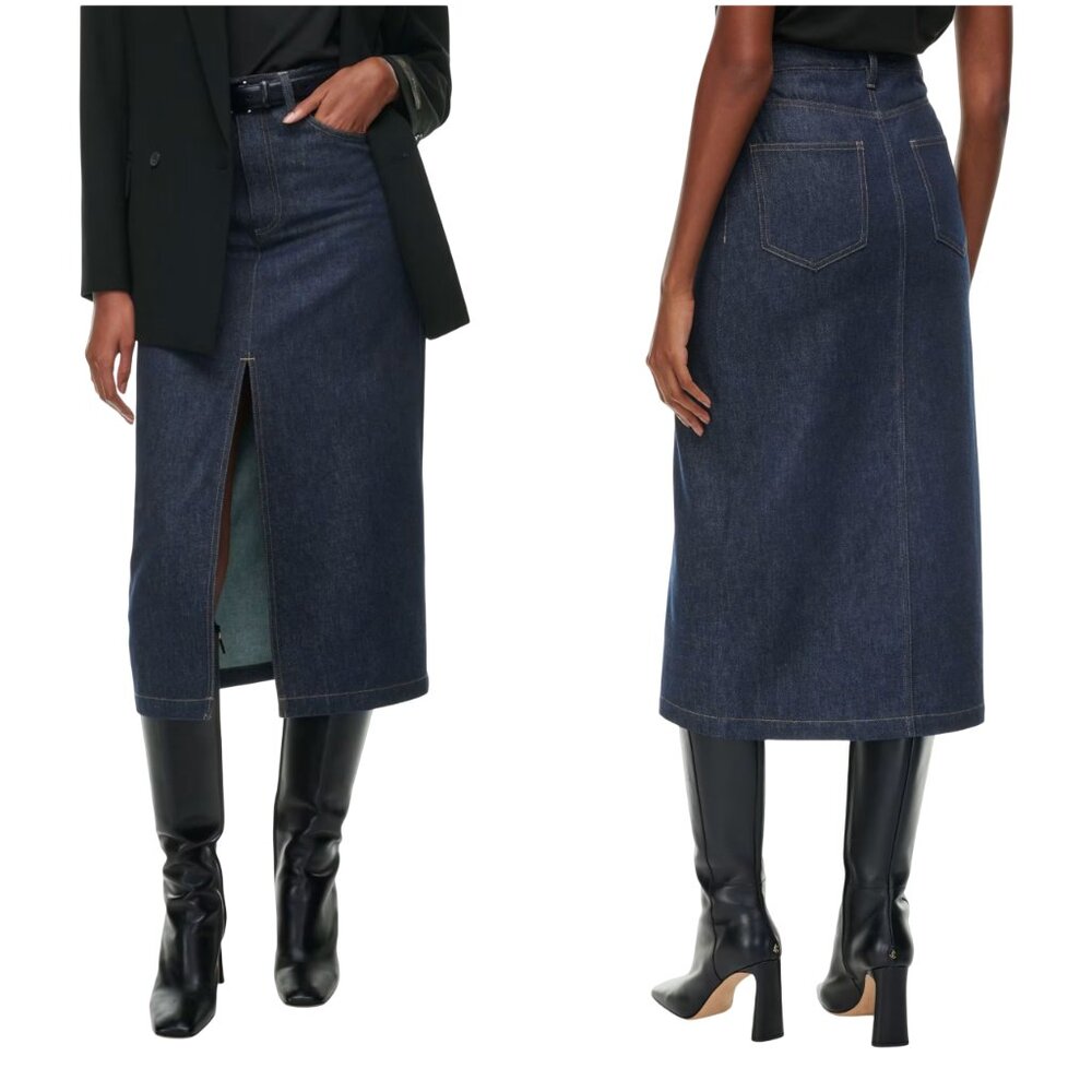 Aritzia Babaton Prosper Jean Skirt size 12 L denim midi skirt slit rich blue